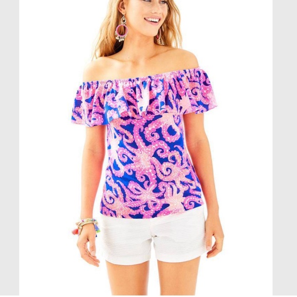Lilly Pulitzer La Fortuna Off-The-Shoulder Top Octopus Print Small Casual Summer - Picture 1 of 12